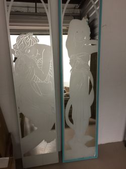 4 Art Deco Etched Mirror Door Panels with Deco Dame Designs