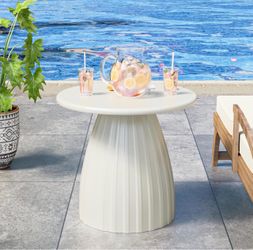 White Round Outdoor Side Table Ribbed Pedestal