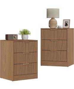 Set of 2 Natural Oak Fluted Nightstands