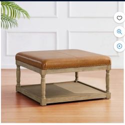 Large Square Ottoman Coffee Table for Living Room, Upholstered Tufted Faux Leather Footrest Storage Ottoman with Solid Wood Shelf, Footrest Stool (Bro