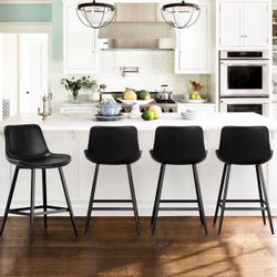 24 inch Counter Stool, Modern Bucket Barstools, Counter Height Bar Stools with Back and Footrest for Home Kitchen Island Restaurants, Set of 4, Black