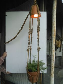 Vintage macrame clay pot holder lamp