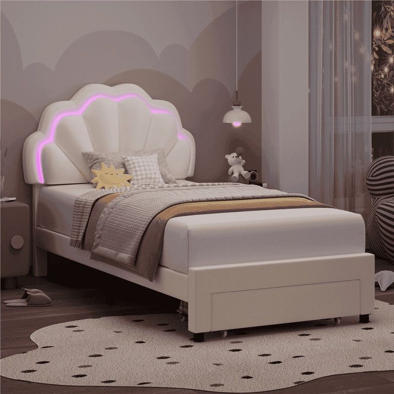 Twin Size Bed Frame with Storage & LED Light, Velvet Upholstered Platform Twin Bed with Adjustable Petal Headboard, Beige
