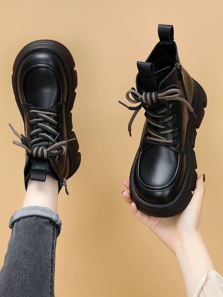 Women Soft Leather Double Lace Up Black Boots with Rubber Sole Size8