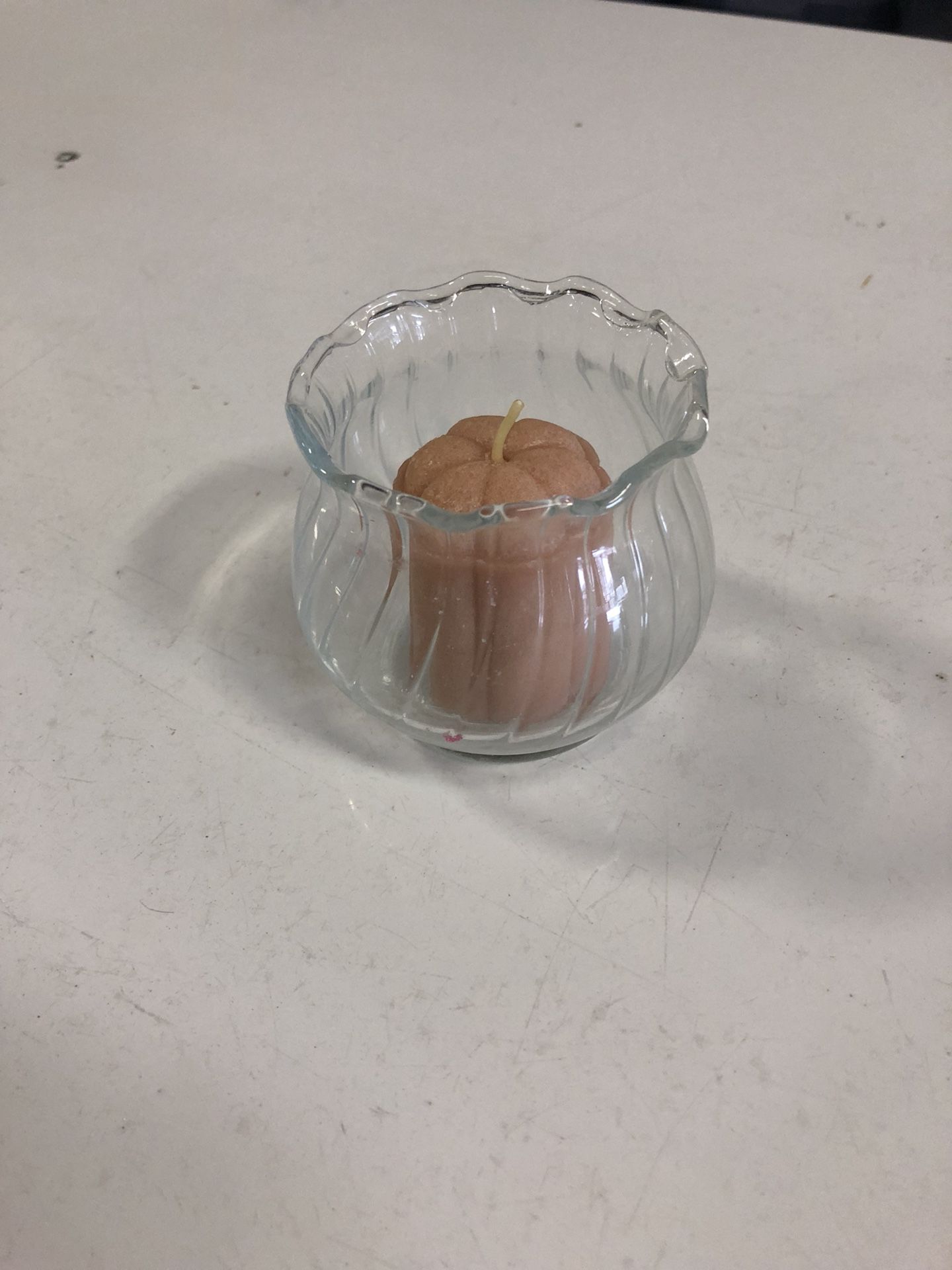 Glass candle holder. Total of 30. Small crimped crystal jar.