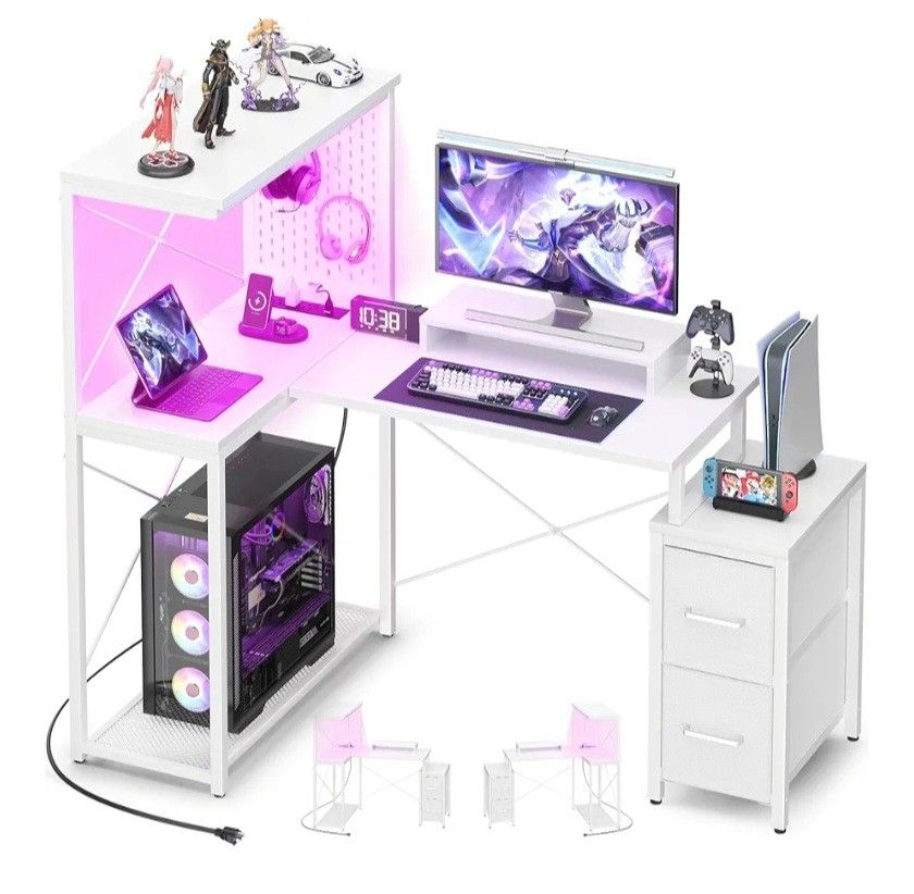 White corner desk/hutch w pegboard and LED accent lighting + 2 drawers and riser