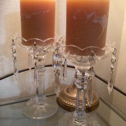 VTG  LEAD CRYSTAL SET-2- CZECH  HANING CRYSTALS CANDLE HOLDERS