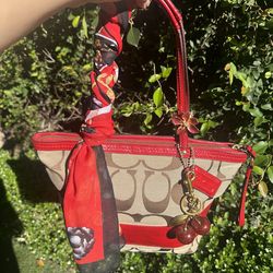 Coach Signature Mini Tote 12429 Khaki Brown Red Patent Leather Small Shoulder Ba