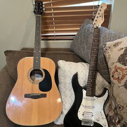 Yamaha Strat And Mitchell Acoustic Guitars 