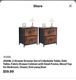 2-Drawer Dresser Set of 2,Bedside Table, Side Table, Fabric Drawer ASSEMBLED