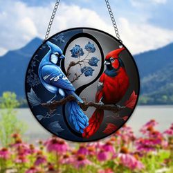 Yin and Yang suncatcher: red cardinal and bluejay, acrylic stained glass.