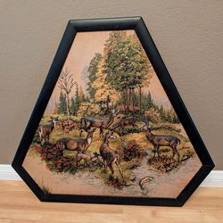 RARE, 1950's TRAPUNTO RAISED Fabric Deer Family Wall Art Large; Signed  Dated