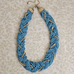 Braided Turquoise Colored Beads With Gold Beads Accent Necklace