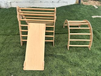 Wooden Pikler Triangle Climbing Set with Ramp and Rocker