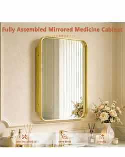 16" x 24" Bathroom Medicine Cabinet with Mirror and Storage Metal Gold Modern Bathroom Mirror Cabinet, Metal Frame, 1 Door 2 Adjustable Glass Shelves,
