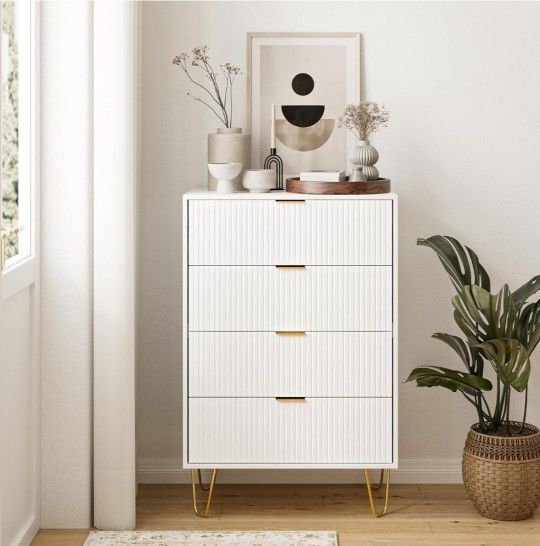 New Tall Fluted 4 Drawer Dresser Chest with Gold Handles