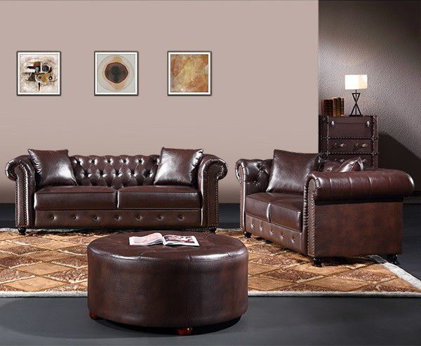 Brown leather Chesterfield sofa set couch loveseat