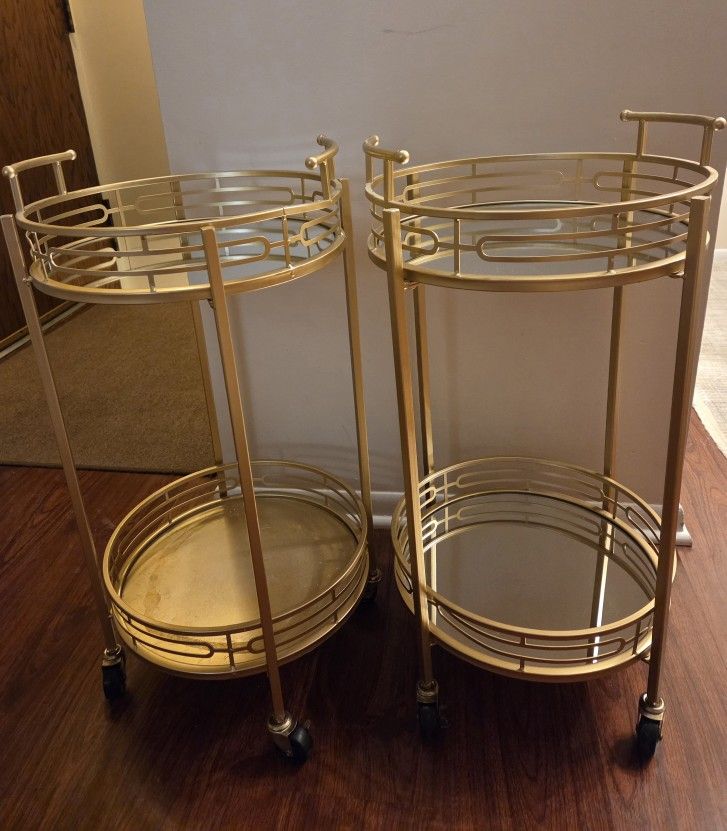 2 Gold/Mirror Bar Carts with 2 Mirrored Shelves