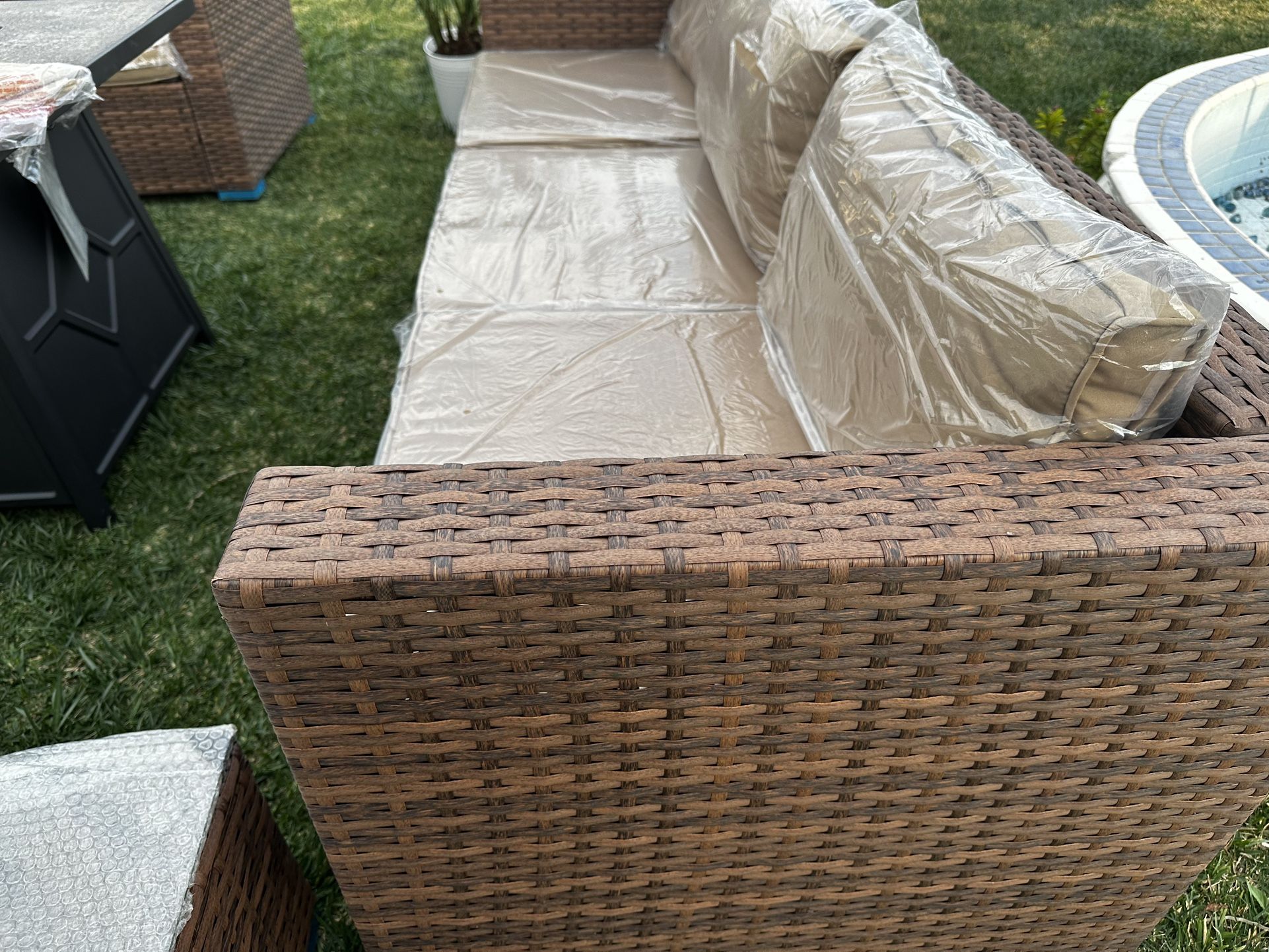 brand new patio set with fire pit propane