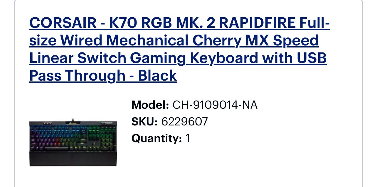 CORSAIR - K70 RGB MK. 2 RAPIDFIRE Full-size Wired Mechanical