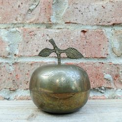 Vintage Brass Floral Etched Apple Trinket Box 