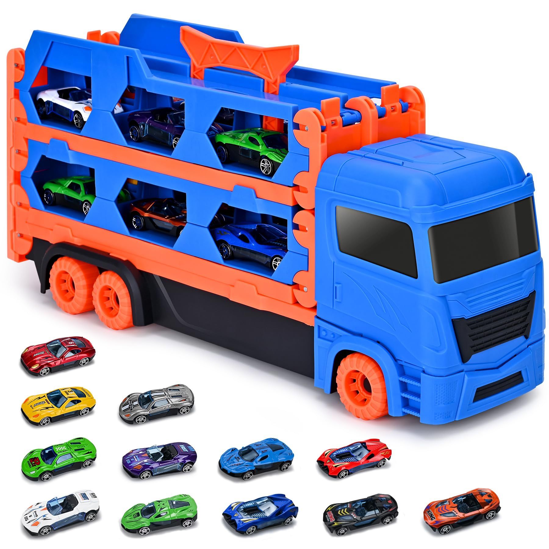 Funtogether Toys Transport Truck Vehicle Set, Includes 6 Metal Cars and a 61-Inch Double Race Track