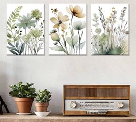 3Pcs Sage Green Botanical Minimalist Floral Canvas Art Work - 24 x 16 each