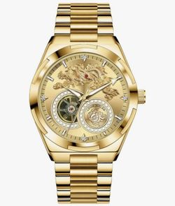 Gold Automatic Men’s Watch 42mm – Stainless Steel, Dragon Dial, Waterproof – Luxury Look