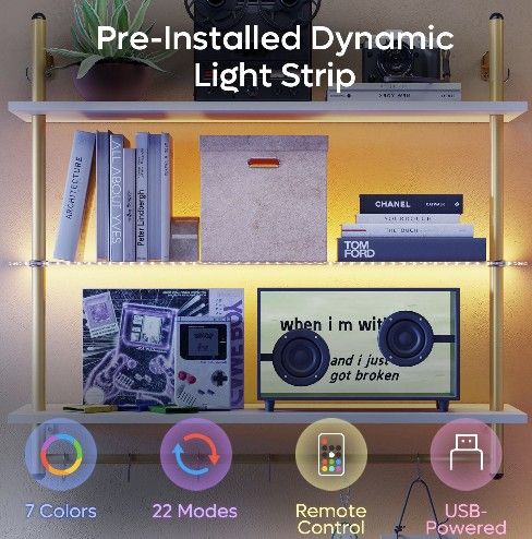 Bestier 41" Floating Shelves for Wall with LED Light 3-Tier Wall-Mounted Wood Shelves with 8 S-Hooks, White Finish & Gold Frame