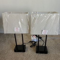 Black Metal Arched Frame Table Lamp with USB Charging Ports and Touch Dimming Switch 