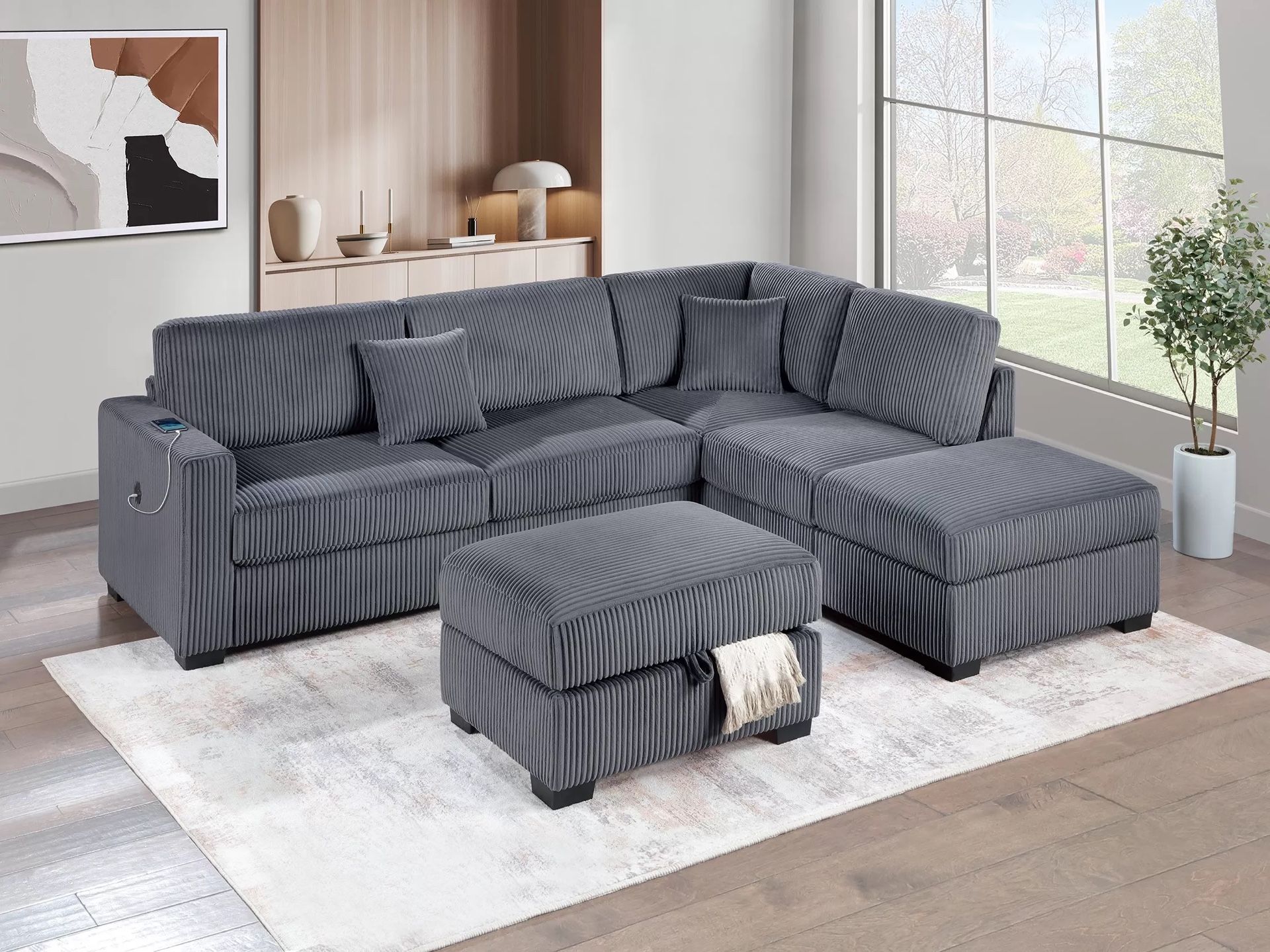 DARK GREY FUR LIKE CORDUROY SECTIONAL WITH OTTOMAN