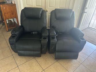 Pair of Black Leather Power Recliners with Cup Holders