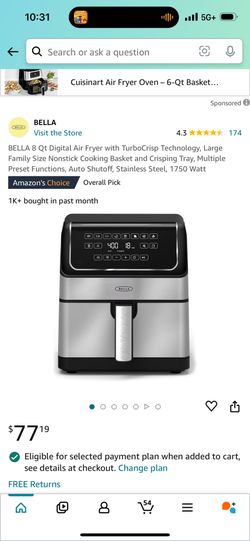 BELLA 8 Qt Digital Air Fryer with TurboCrisp Technology, Large Family Size Nonstick Cooking Basket and Crisping Tray, Multiple Preset Functions, Auto 
