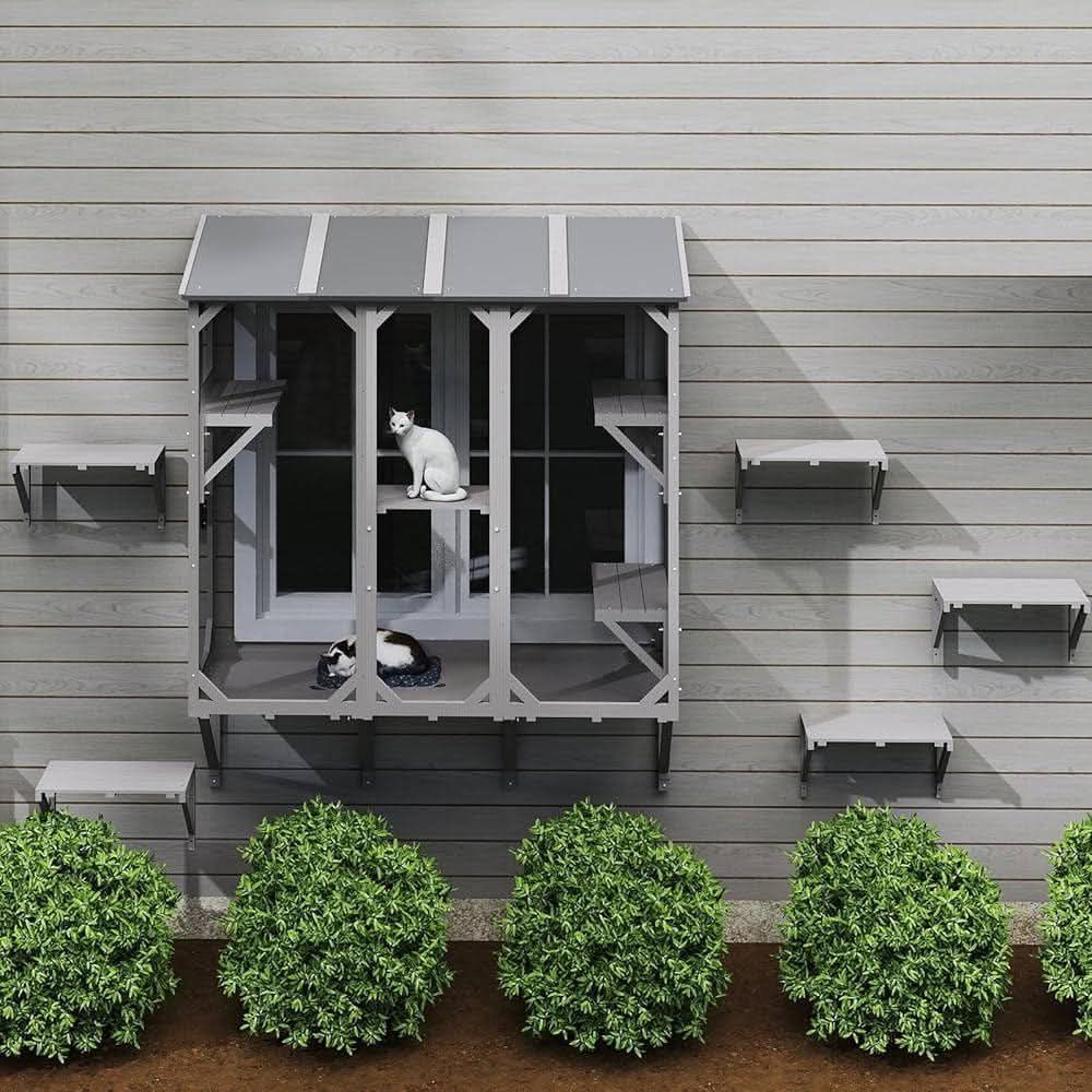 Cat Catio, Expandable Window Box Enclosure for Multiple Indoor Cats, Comfortable Wooden Small Pet Perch House, All-Weather Use, Keep Bugs Insects Out,