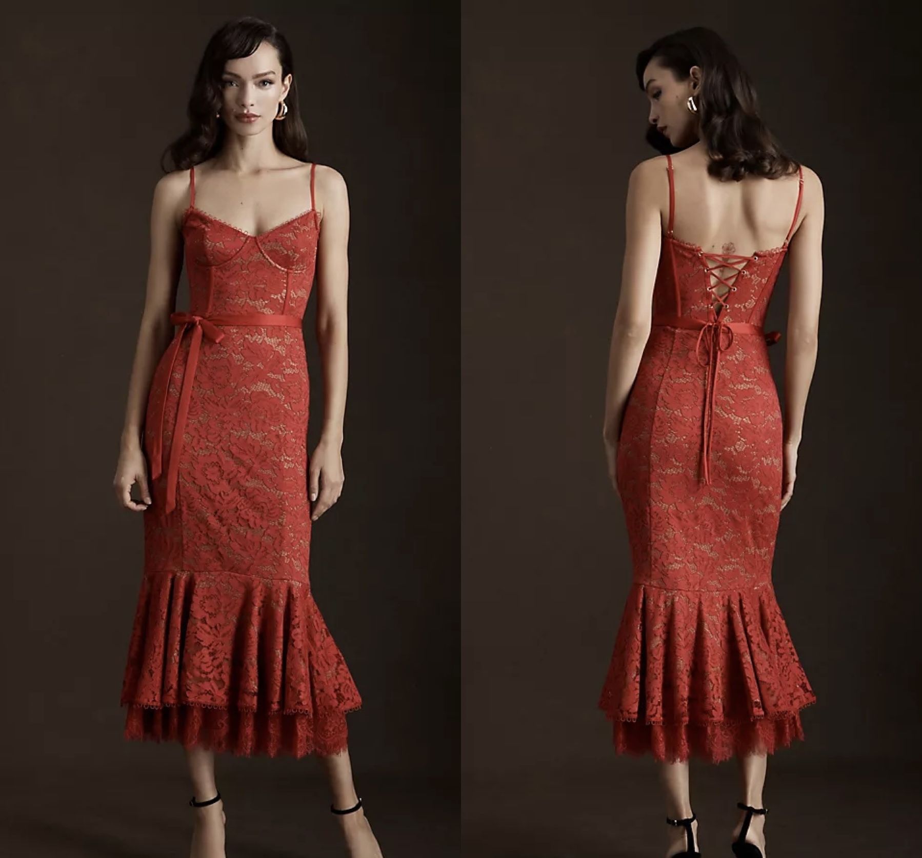 NWT $465 Anthropologie x V. Chapman Naomi Lace Corset Flounce-Hem Midi Dress 10