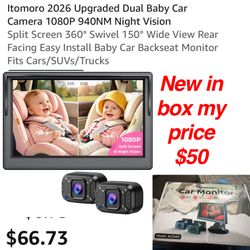 New in box Itomoro 2026 Upgraded Dual Baby Car Camera 1080P 940NM Night Vision Split Screen 360° Swivel 150° Wide View Rear Facing Easy Install Baby