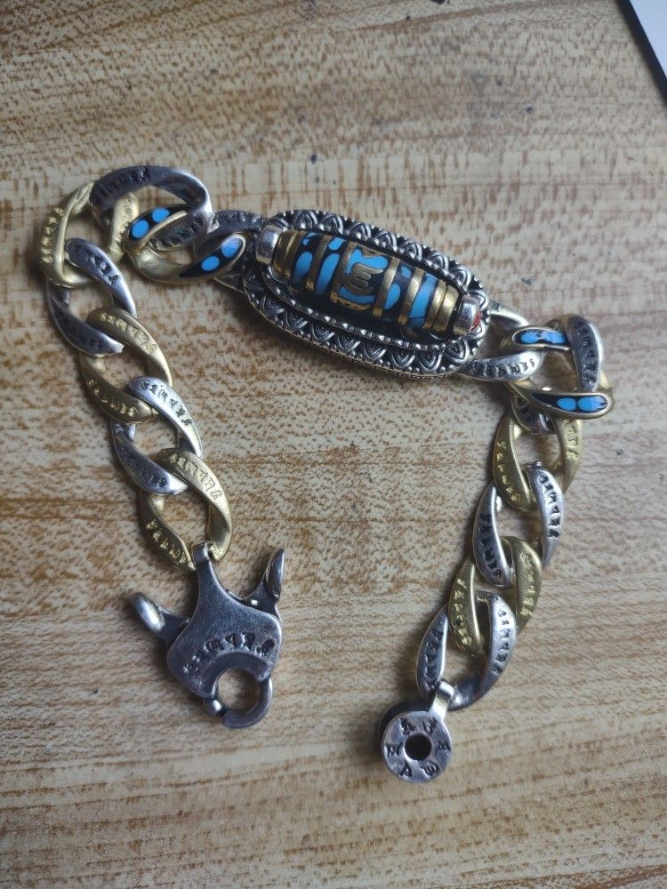 Turquoise Six Character Mantra Nine Eyed Dzi Bracelet Sterling Silver