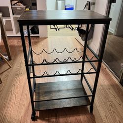 Industrial Rustic 3-Tier Rolling Bar Cart / Kitchen Serving Trolley w/ Wine Rack & Glass Holders