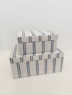 Set of 2 Fabric Covered White & Navy Blue Striped Decorative Storage Boxes