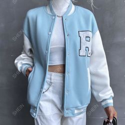 Letter Patched Drop Shoulder Varsity Jacket S Size