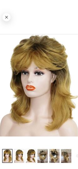Women Blonde Curly Mullet Wig with Bangs 70s 80s Retro Layered Disco costume wig