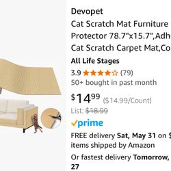 Devopet Cat Scratch Mat Furniture Protector 78.7"x15.7",Adhesive Cat Scratch Carpet Mat,Couch Protector 