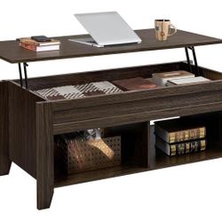 Lift Top Coffee Table Pop Up Center Table 47.5'' L Espresso Hidden Storage Compartment, 2 Open Shelves, Rising Tabletop, Living Room, Reception Room