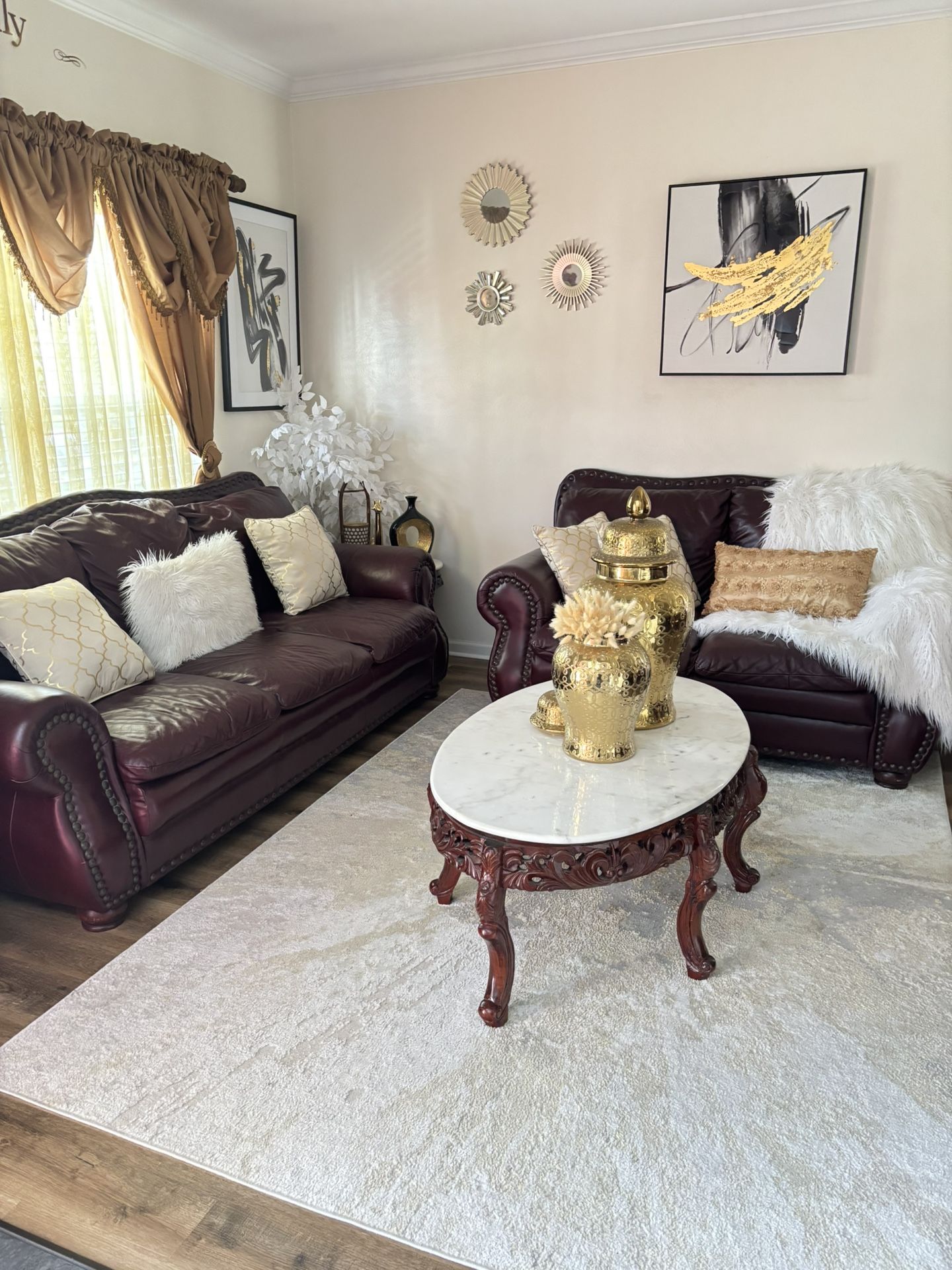 Leather Sofa And Lovesest And Marble Top rosewood Coffe And End Tables  Tables 
