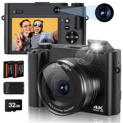4K Digital Camera, 64MP Rear and Front Camera for Photography and Video Autofocus Anti-Shake, 3'' Selfie Flip Vlogging Camera with Ultra Bright Flash,