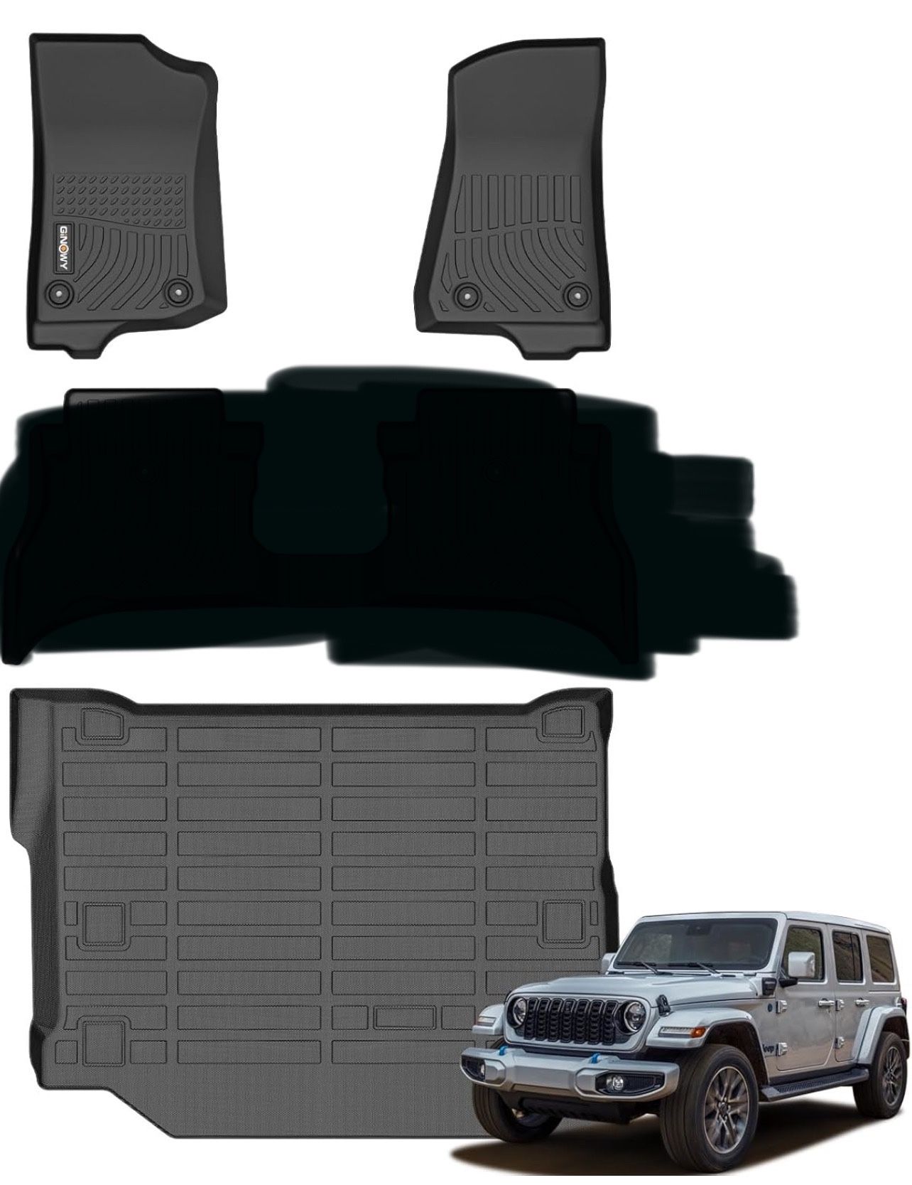 GINOWY®- Floor Mats & Cargo Liner for Jeep Wrangler 4XE 2024-2021 (Not for JL or JK) 丨TPE Rubber All Weather Mats Wrangler 4xe Car Accessories Mats He
