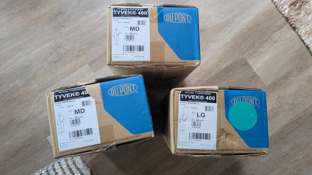 3 Boxes Tyvek 400 Hazmat/Bodysuits (25 each)