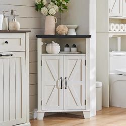 Corner Bathroom Cabinet, Farmhouse Small Corner Cabinet with Barn Door & Adjustable Shelf, Storage Cabinets for Bathroom, Kitchen, Living Room, Off Wh