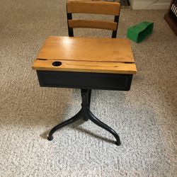 Vintage Child Adjustable School Desk, V/Nice Patina Wood/Metal