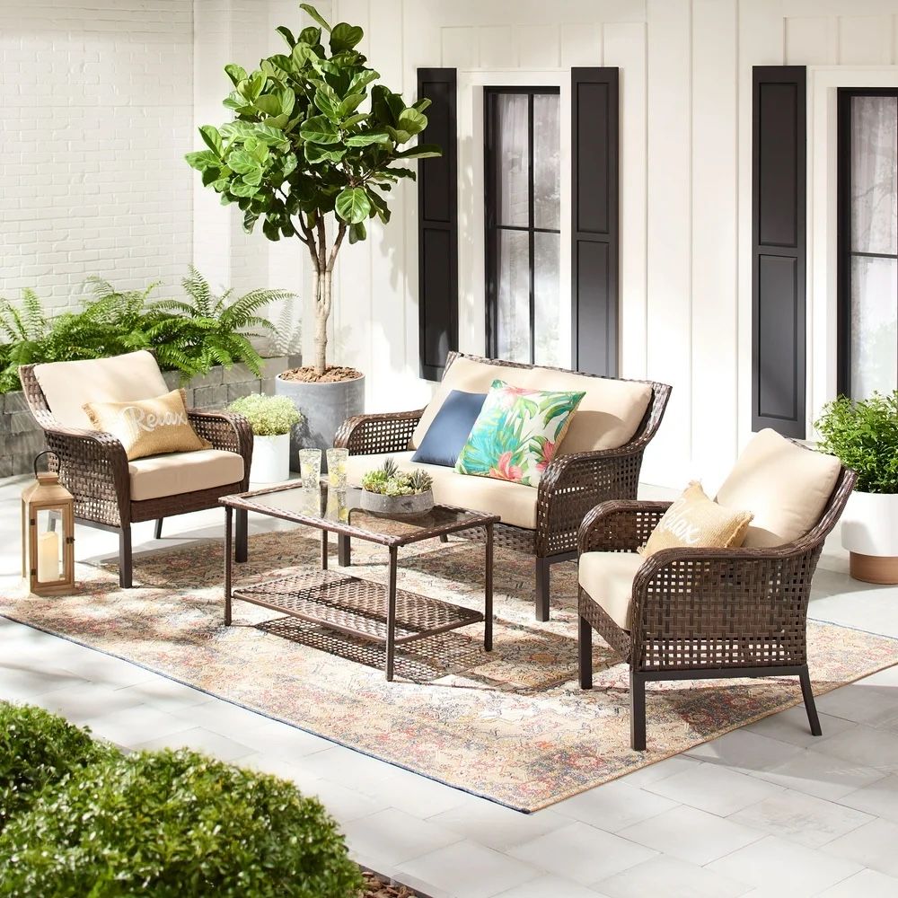 Mainstays Tuscany Ridge 4-Piece Wicker Outdoor Patio Set, Beige Beige - Each chair measures 30.75"D x 30.75"W x 32.75"H Loveseat measures 52"W